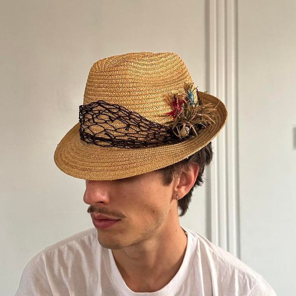 Vintage 60s Straw Shell Italian Tourist Sun Beach Hat Cap Fedora